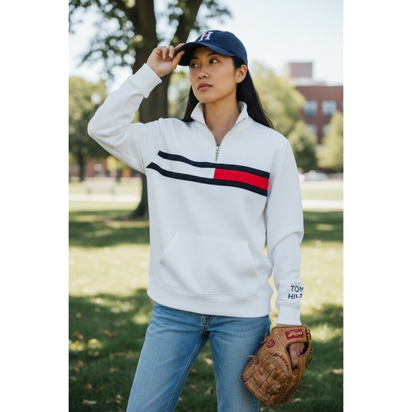 Tommy Hilfiger Tops - Tommy Hilfiger Womens Quarter Zip Sweatshirt White Flag Logo Pullover Fleece L